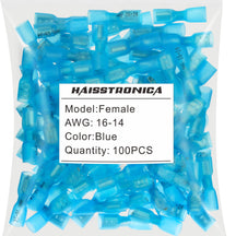 Haisstronica electrical connectors with heat shrink, 100PCS blue female terminals for AWG 16-14.
