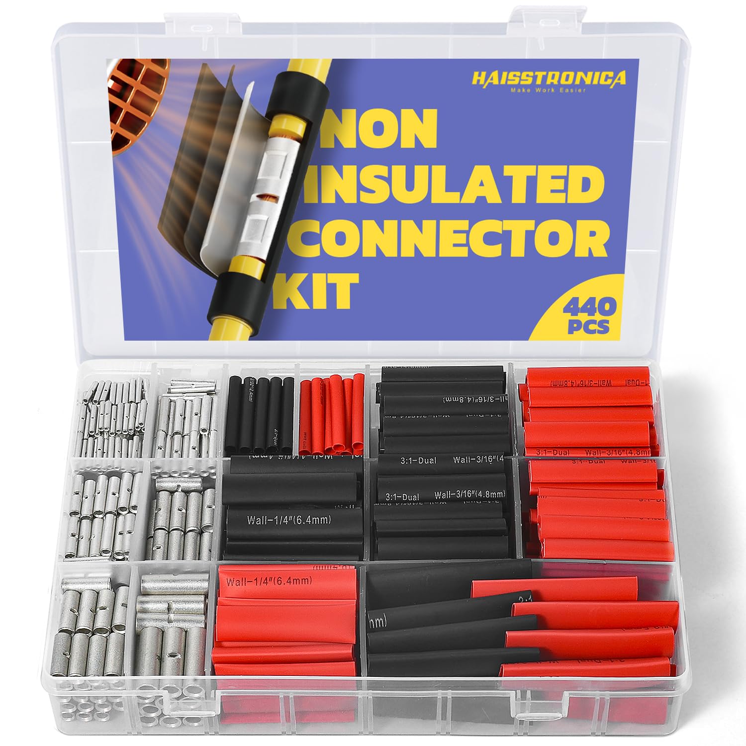 Haisstronica non-insulated connector kit with various wire terminal connectors and color-coded butt connectors for electrical wiring.