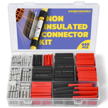 Haisstronica non-insulated connector kit with various wire terminal connectors and color-coded butt connectors for electrical wiring.