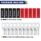 Haisstronica battery cable joiner kit: 10PCS 6 AWG-1/4"(M6) lugs with 3:1 tubing, ideal for quick connect applications.