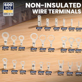 Haisstronica non-insulated wire connectors kit: 600PCS terminals (BN 0.5-8, rings 5/16"-3/8") for AWG 22-10 cables.