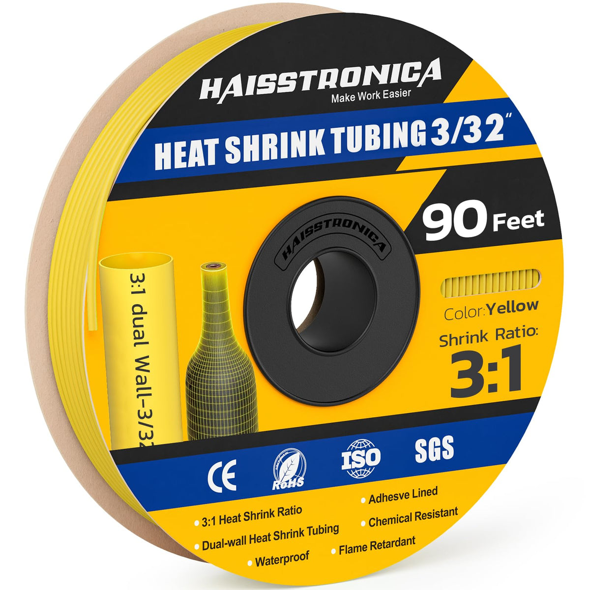 haisstronica 3:1 Heat Shrink Tubing, Shrink Ratio Adhesive Lined Marine Grade Heat Shrink Tube for Home, Automotive and Industrial (Yellow) 90FT 3/32inch