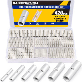 Haisstronica Non Insulated Butt Connectors Kit 420pcs Butt Connectors for Wiring Pure Copper AWG24-8 Wire Crimp Connector