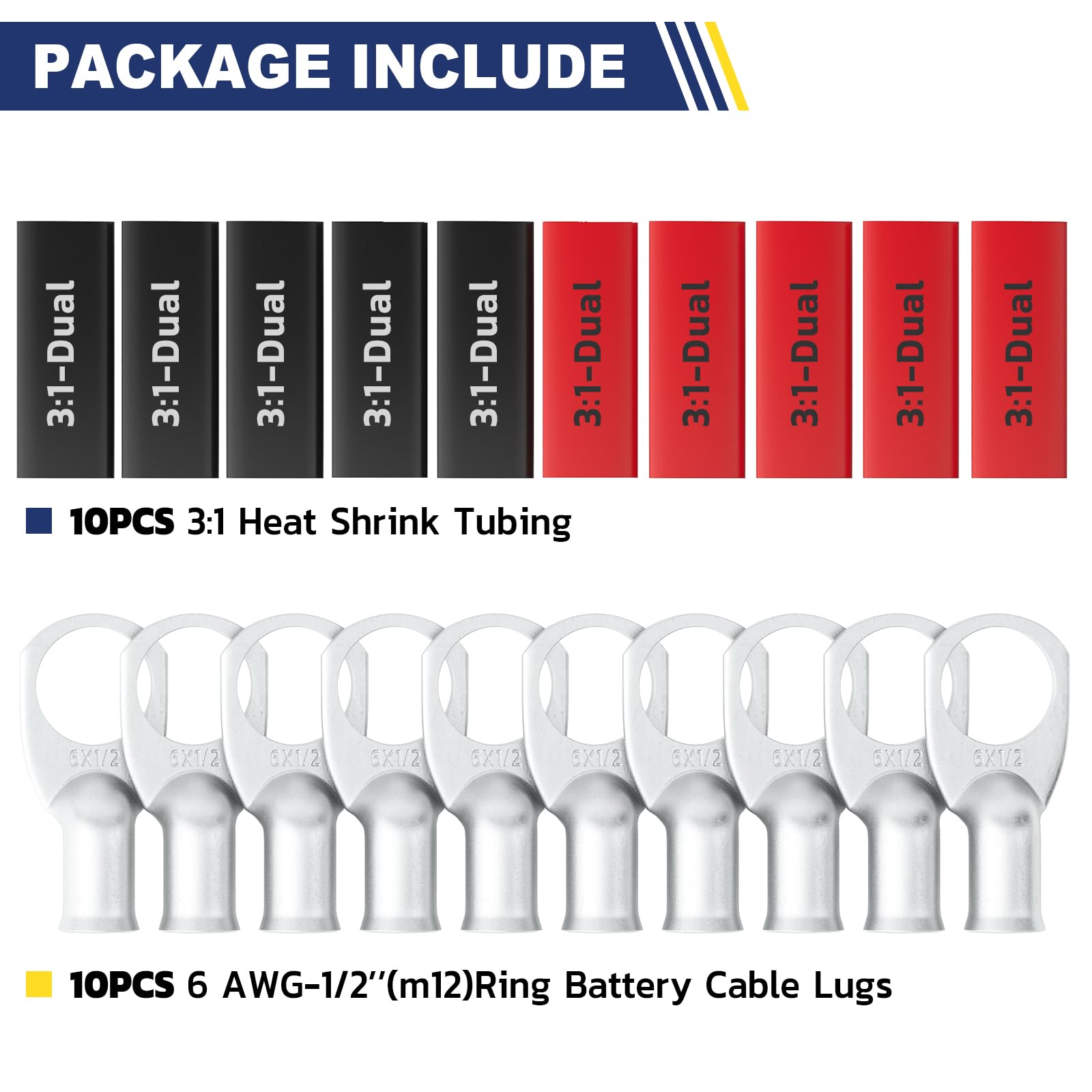 haisstronica 10pcs 6 AWG - 1/2" (M12) Tinned Copper Battery Lugs, Heavy Duty Copper Wire Lugs with 10pcs 3:1 Adhesive Heat Shrink Tubing, 6 Gauge Wire Lugs, Tinned Copper Battery Cable Ends