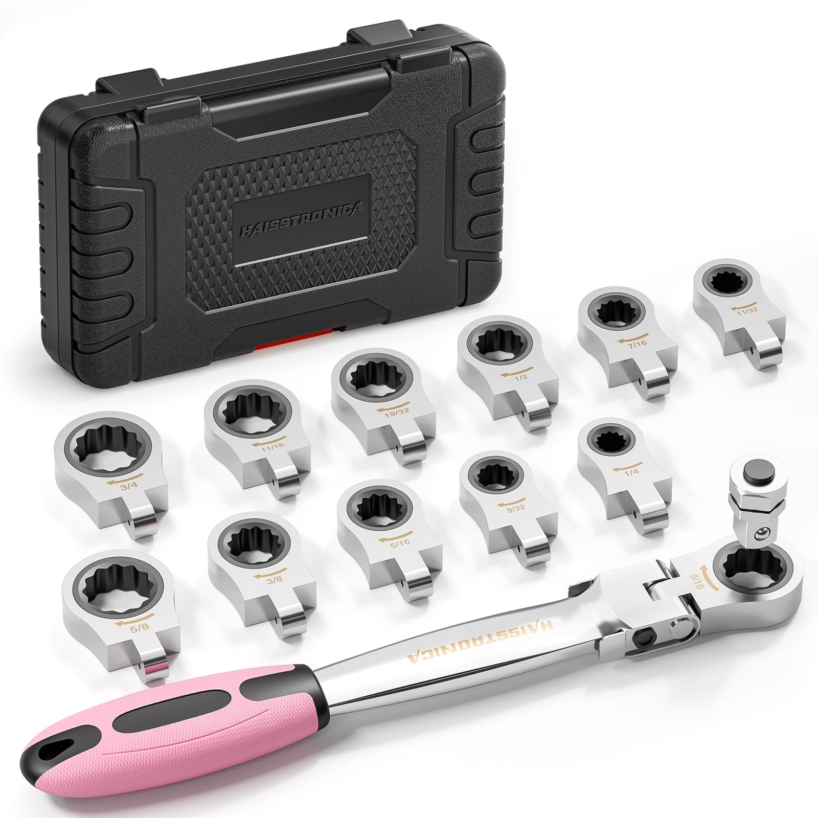 haisstronica Pink Wrench Set for Women, 13pcs Flex-Head Ratcheting Wrench Set with 3/8 in Adapter, SAE 1/4-3/4 inch Combination Wrench Tool for Auto