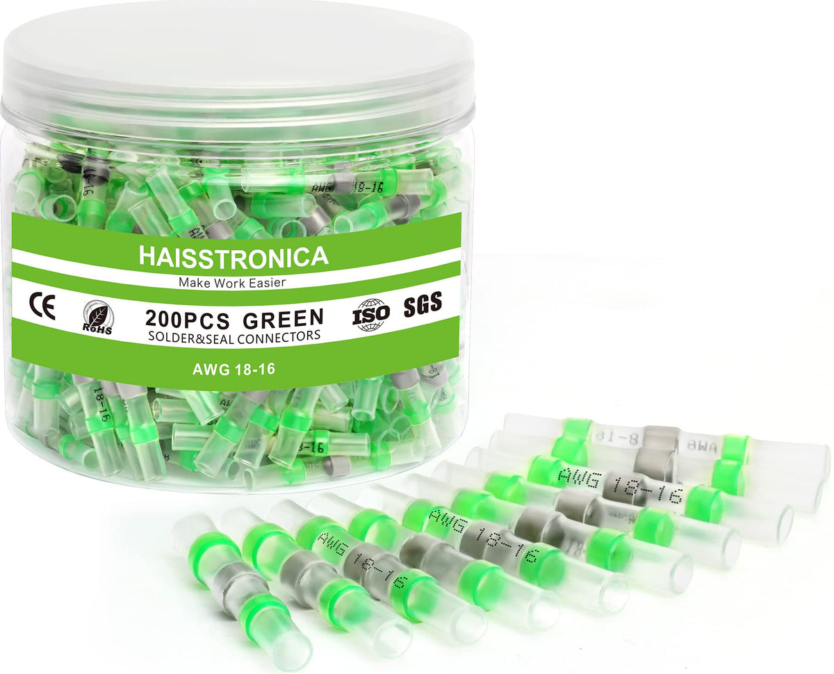 haisstronica 200PCS 18-16 Green Solder Seal Wire Connectors,Waterproof Wire Connectors, Heat Shrink Butt Connectors for Watercraft,Electrical,Electronics,Marine,Stereo