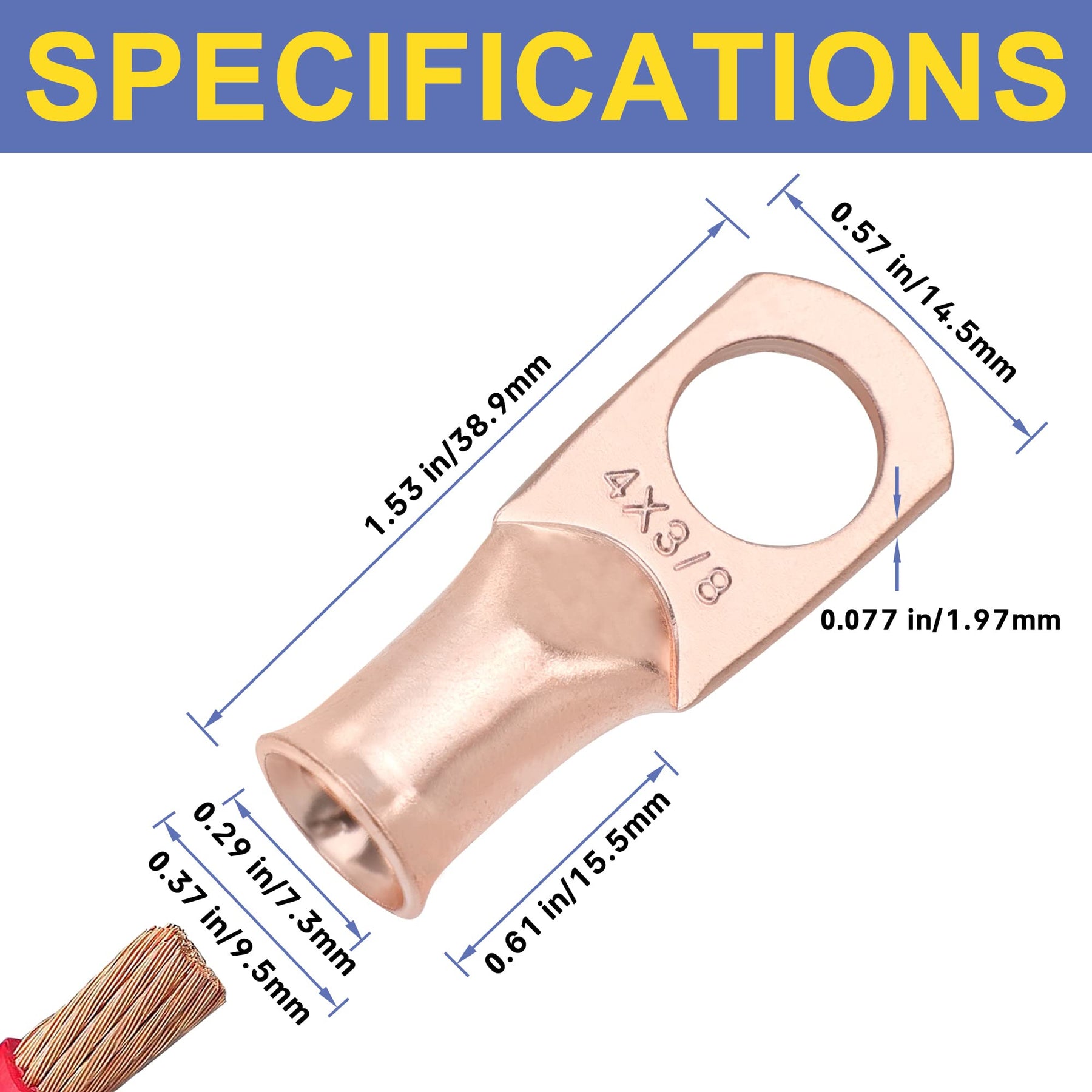 haisstronica 4AWG-3/8 Stud (10pcs) UL Copper Ring Terminals,Heavy Duty Wire Lugs,Battery Cable Ends,Tubular Ring Terminal Connectors,Bare Copper Eyelets