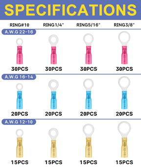 haisstronica Crimping Tool for Heat Shrink Connectors with 260PCS Marine Grade Heat Shrink Ring Connectors of Tinned Red Copper AWG 22-10