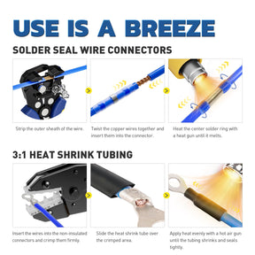 Graphic showing strip, twist, heat and crimp with solder seal connectors and heat shrink over solder terminals