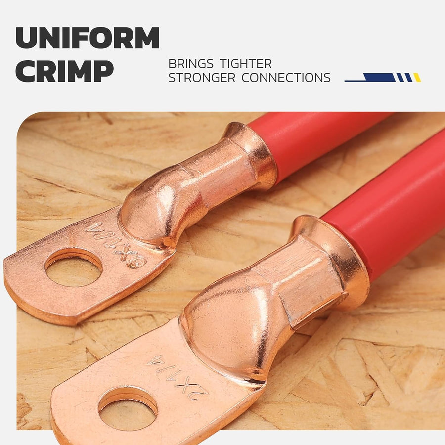 Two copper battery cable lugs with hexagonal crimps on red insulated cables