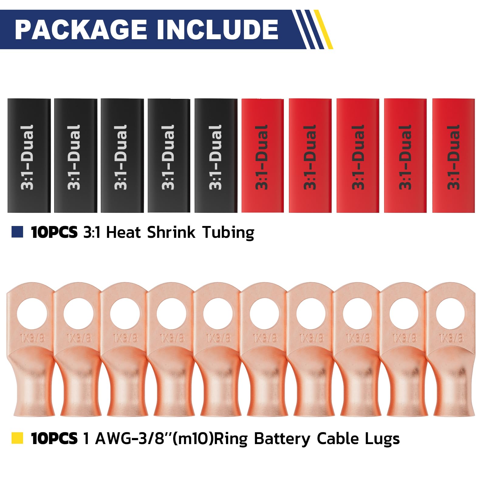 haisstronica 10pcs 1 AWG - 3/8" (M10) Battery Cable Lugs, Heavy Duty Copper Wire Lugs with 10pcs 3:1 Adhesive Heat Shrink Tubing, 1 Gauge Wire Connectors Battery Terminal Connector, Battery Cable Ends