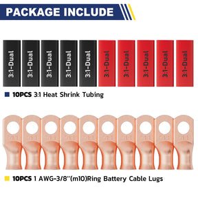 haisstronica 10pcs 1 AWG - 3/8" (M10) Battery Cable Lugs, Heavy Duty Copper Wire Lugs with 10pcs 3:1 Adhesive Heat Shrink Tubing, 1 Gauge Wire Connectors Battery Terminal Connector, Battery Cable Ends