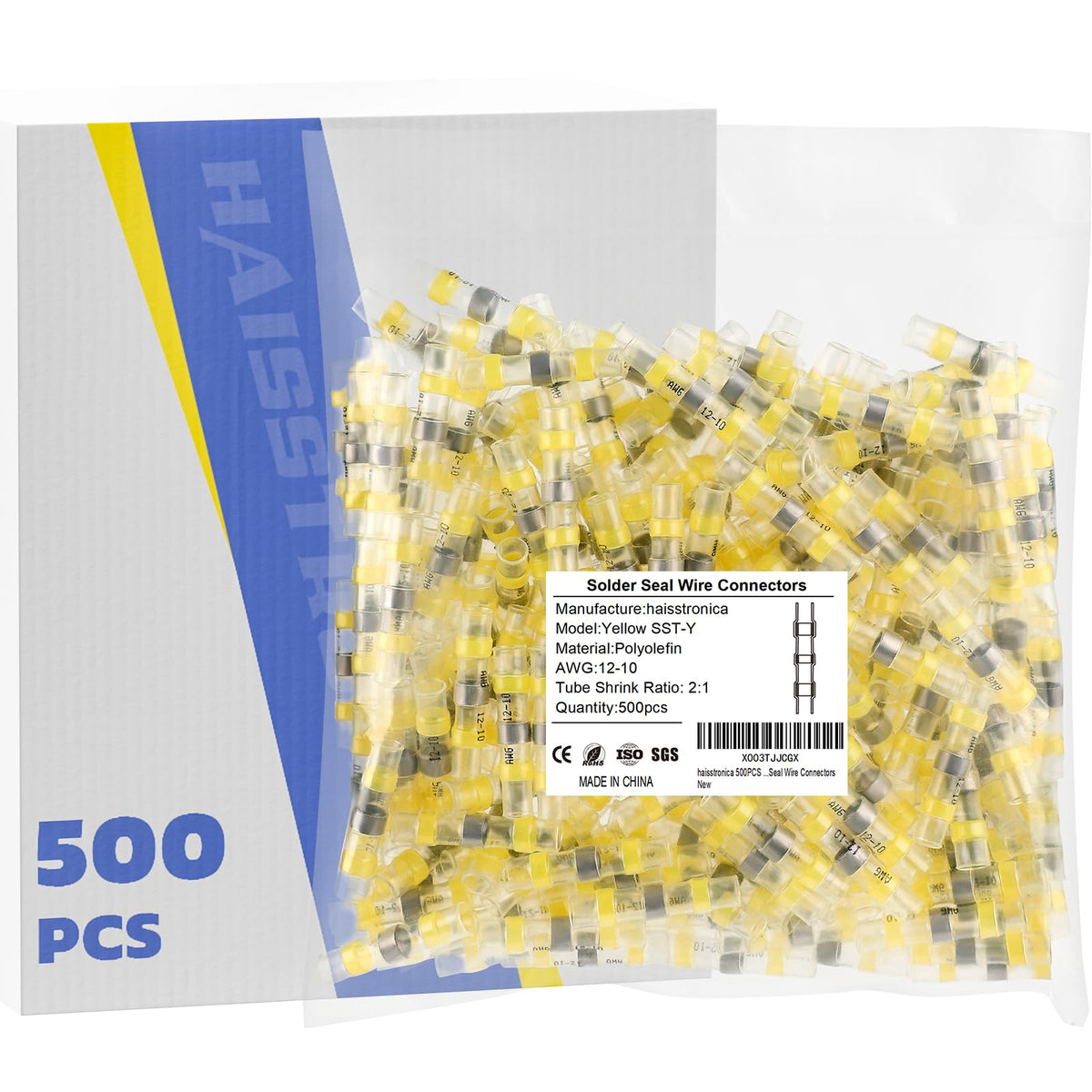 haisstronica 500PCS Yellow Solder Seal Wire Connectors, 12-10 AWG Marine Grade Waterproof Electrical Butt Terminals