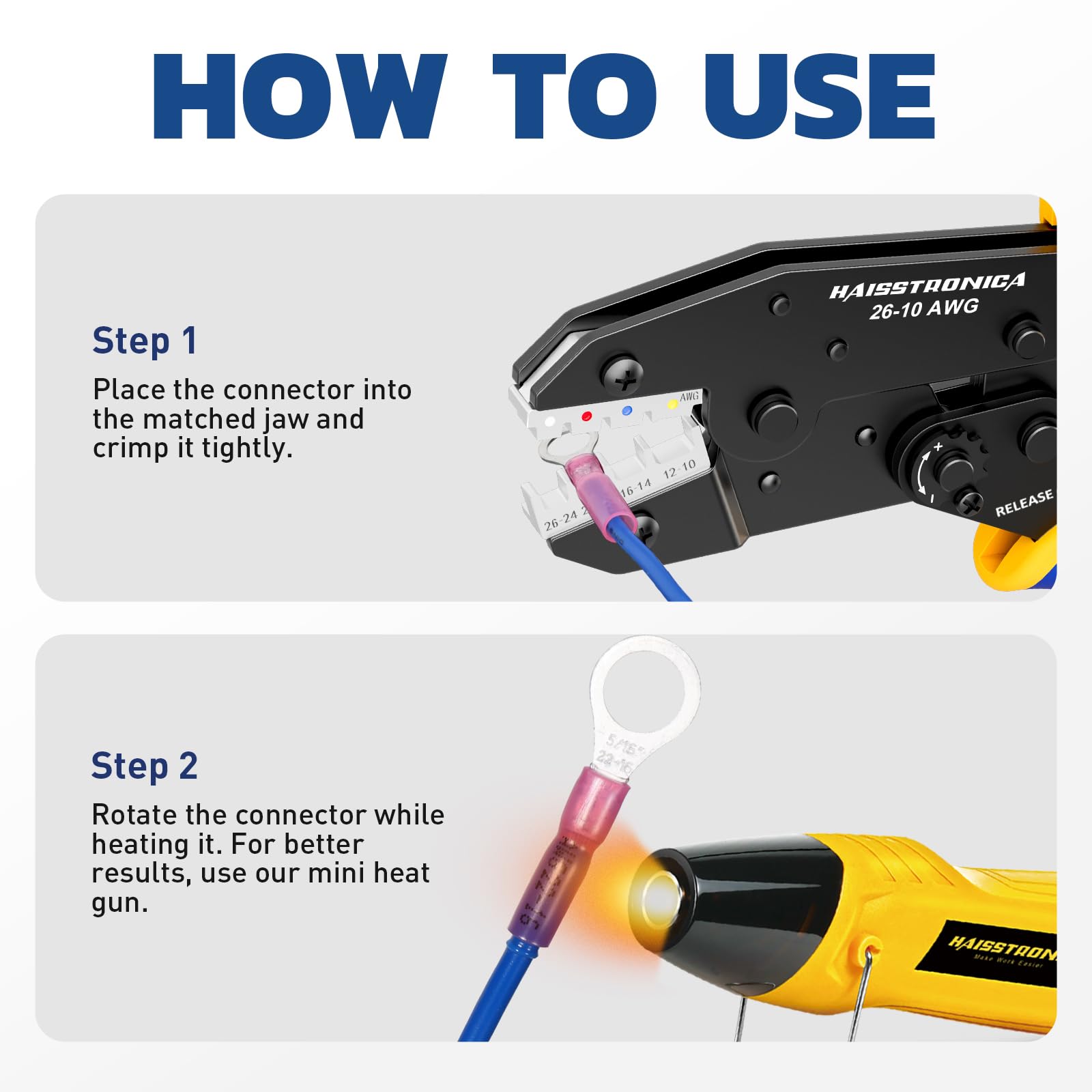 Haisstronica Wire Crimping Tool tutorial: Step crimping guide. AWG 22-10, quick-release.