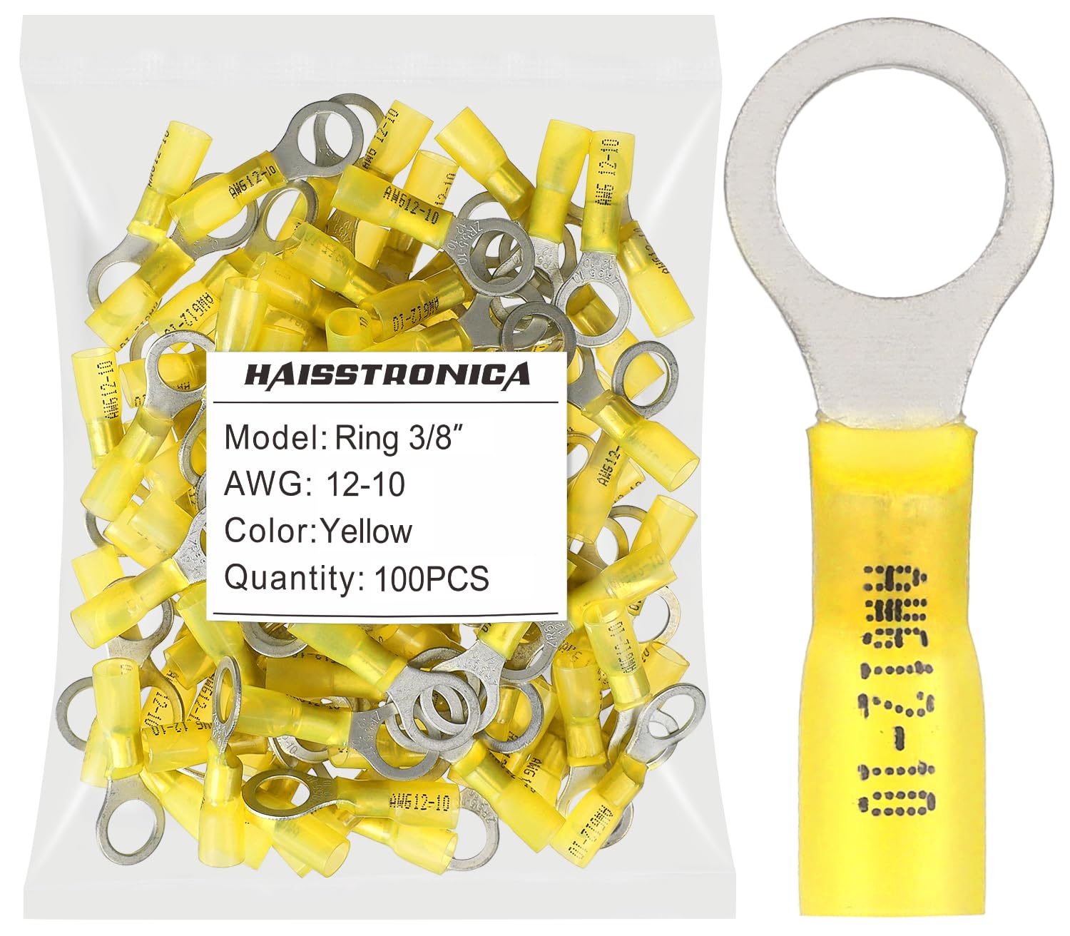 Haisstronica Lot de 100 cosses à anneau thermorétractables jaunes de qualité marine (3/8"), calibre 12-10, en cuivre rouge étamé, 1 mm, cosses à sertir isolées et brasées