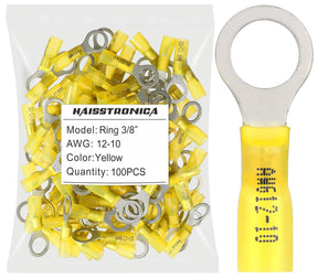 Haisstronica Lot de 100 cosses à anneau thermorétractables jaunes de qualité marine (3/8"), calibre 12-10, en cuivre rouge étamé, 1 mm, cosses à sertir isolées et brasées