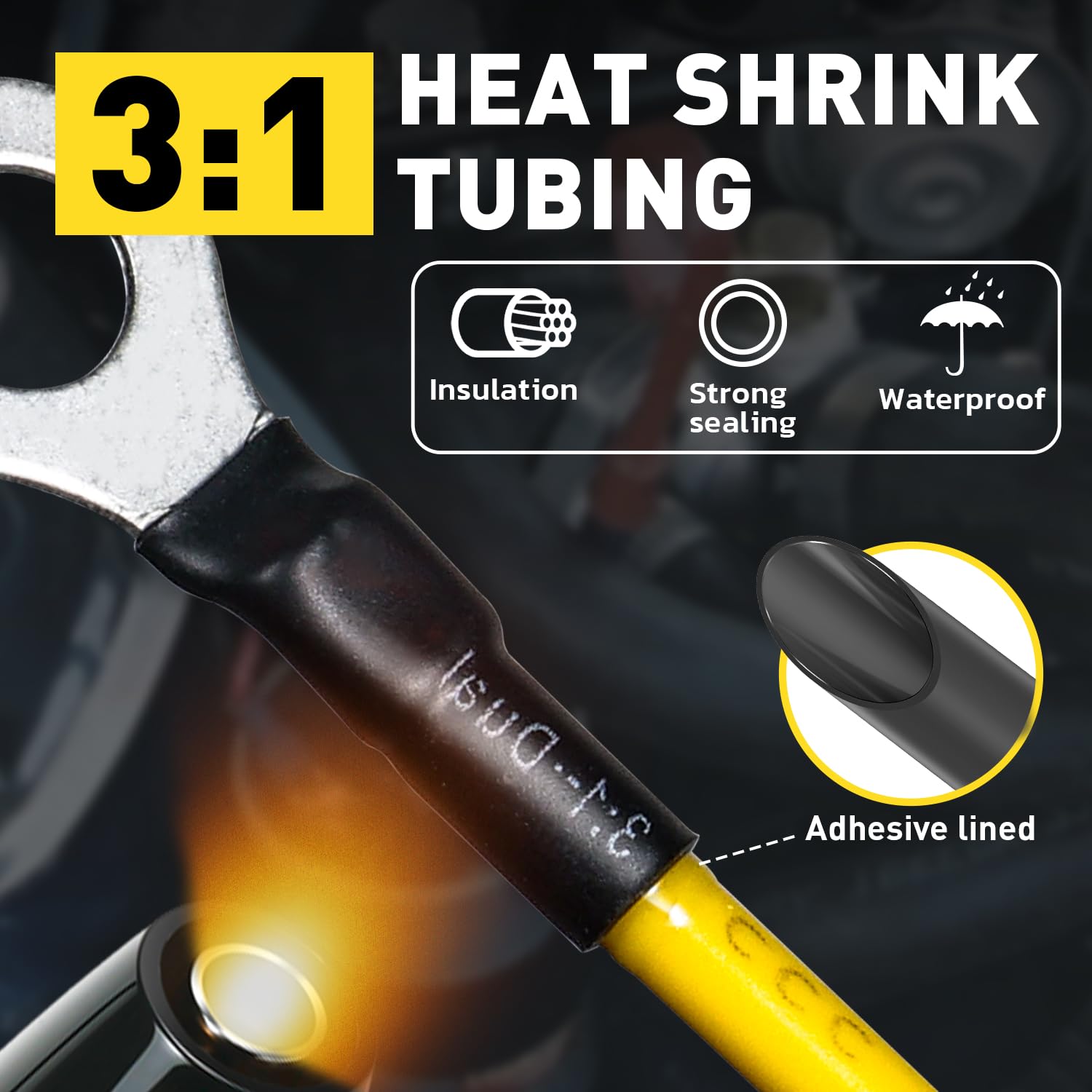 ring lug crimped with black tubing, showing non insulated terminal connectors ready for automotive or marine circuits