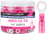 haisstronica 200PCS Heat Shrink Ring Terminals 1/4" Marine Grade Wire Connectors Red AWG 22-16 Gauge, Tinned Red Copper 0.7mm Resistant Ring Connectors, Brazed-Seam Insulated Electrical Crimp