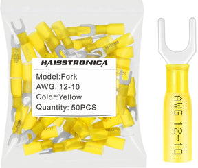 haisstronica 50pcs #10 Yellow Heat Shrink Fork Connectors,12-10 Gauge Insulated Electrical Crimp Wire Terminals