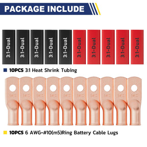 haisstronica 10pcs 6 AWG - #10 Battery Cable Lugs, Heavy Duty Copper Wire Lugs with 10pcs 3:1 Adhesive Heat Shrink Tubing, 6 Gauge Wire Connectors Battery Terminal Connector, Battery Cable Ends