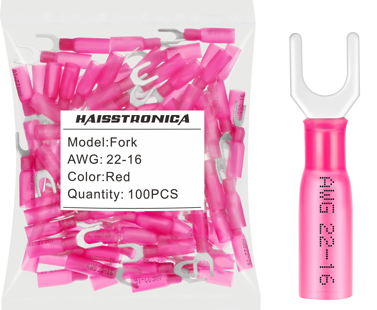 haisstronica 100pcs #10 Red Heat Shrink Fork Connectors,22-16 Gauge Insulated Electrical Crimp Wire Terminals