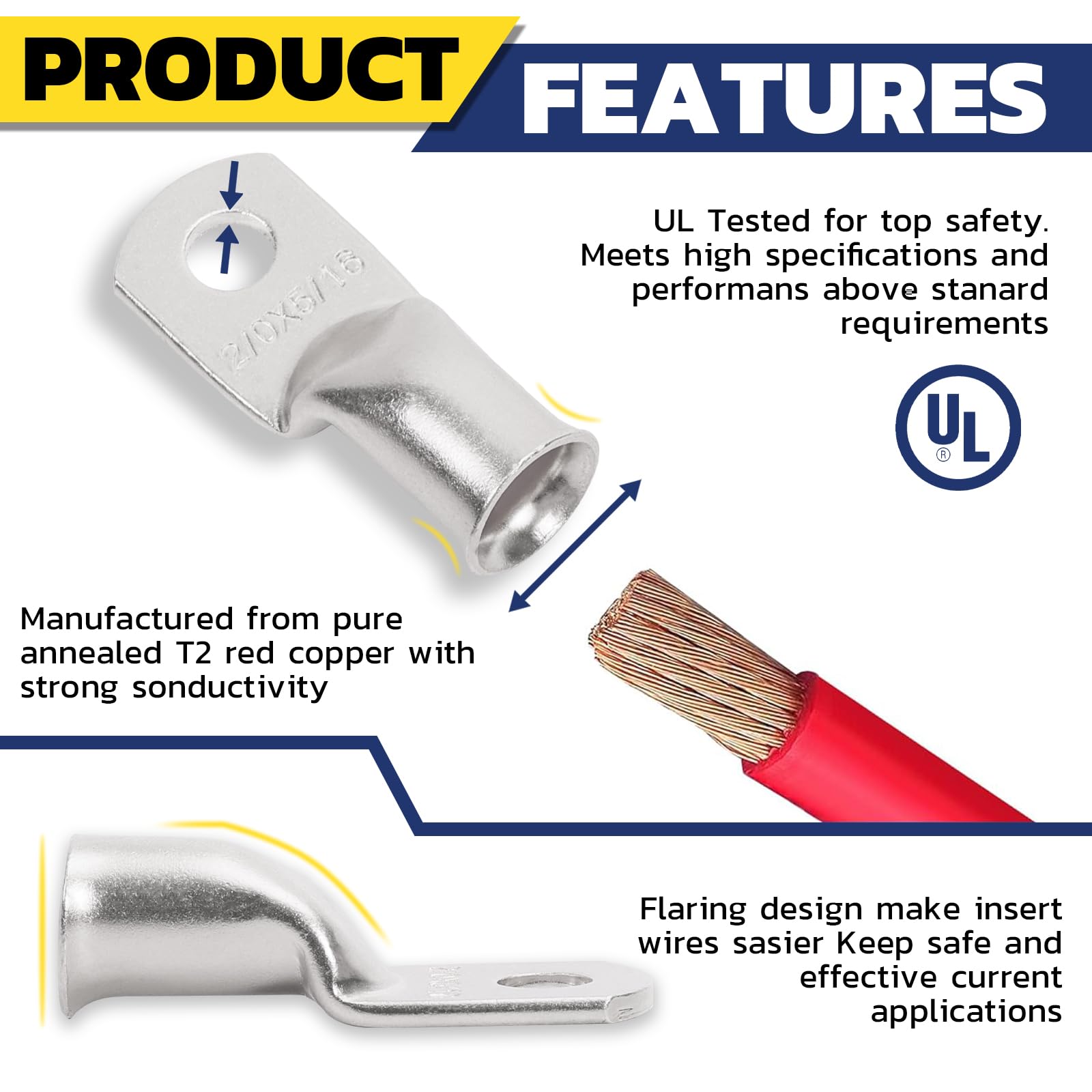 Haisstronica Lot de 10 cosses de câble de batterie 1/4" (M6) AWG, cosses en fil de cuivre robustes avec 10 gaines thermorétractables adhésives 3:1, cosses de fil de calibre 1/4, connecteur de borne de batterie, embouts de câble de batterie
