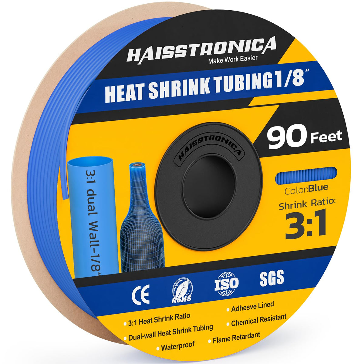 haisstronica 3:1 Heat Shrink Tubing, Shrink Ratio Adhesive Lined Marine Grade Heat Shrink Tube for Home, Automotive and Industrial (Blue) 90FT 1/8inch