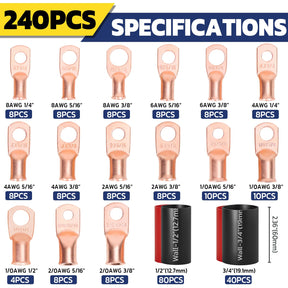 Haisstronica Lot de 10 cosses de câble de batterie 1/4" (M6) AWG, cosses en fil de cuivre robustes avec 10 gaines thermorétractables adhésives 3:1, cosses de fil de calibre 1/4, connecteur de borne de batterie, embouts de câble de batterie