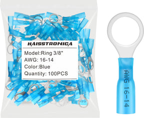 haisstronica 100pcs 3/8" Blue Marine Grade Heat Shrink Ring Connectors,16-14 Gauge Tinned Red Copper 0.7mm Ring Terminals Connectors,Brazed-Seam Insulated Electrical Crimp Wire Terminals