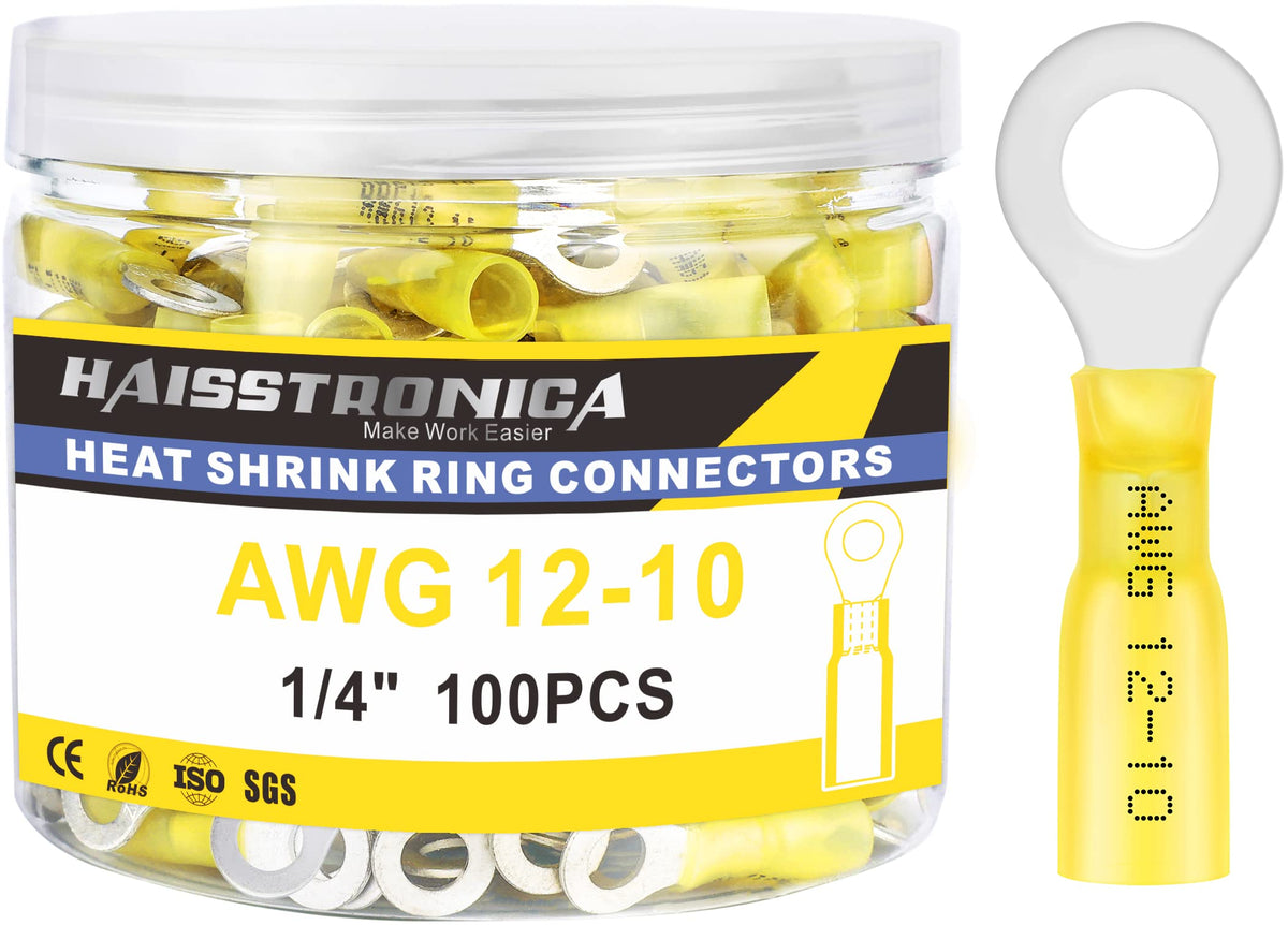 haisstronica 100PCS Heat Shrink Ring Terminals 1/4" Marine Grade Wire Connectors Yellow AWG 12-10 Gauge, Tinned Red Copper 1mm Resistant Ring Connectors, Brazed-Seam Insulated Electrical Crimp