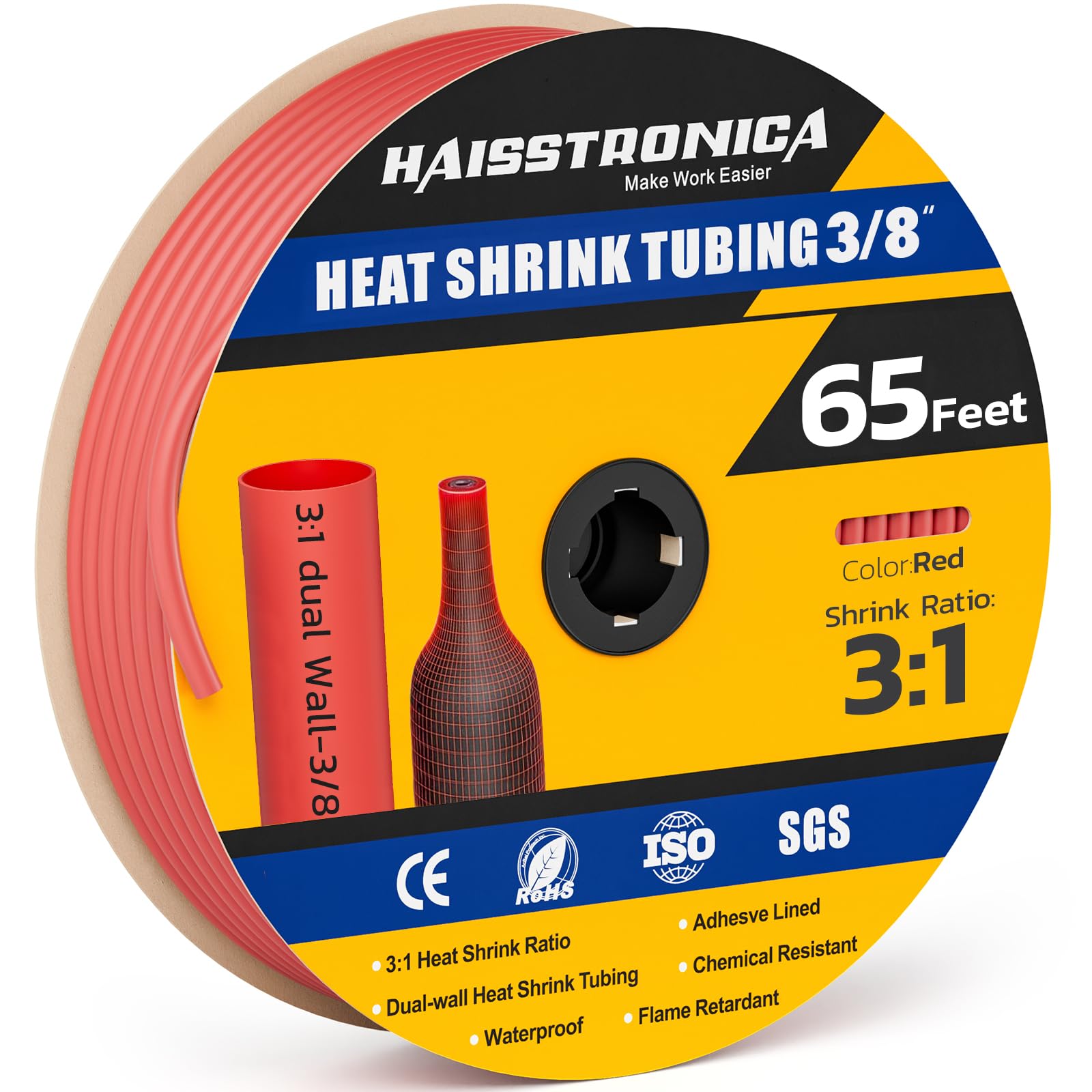 haisstronica 3:1 Heat Shrink Tubing, Shrink Ratio Adhesive Lined Marine Grade Heat Shrink Tube for Home, Automotive and Industrial (Red) 65FT 3/8inch