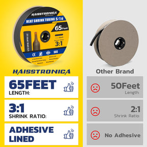 Gaine thermorétractable Haisstronica 3:1, rapport de rétraction 3/4, avec revêtement adhésif, de qualité marine, pour la maison, l'automobile et l'industrie (noir), 65 pieds 5/16 pouces