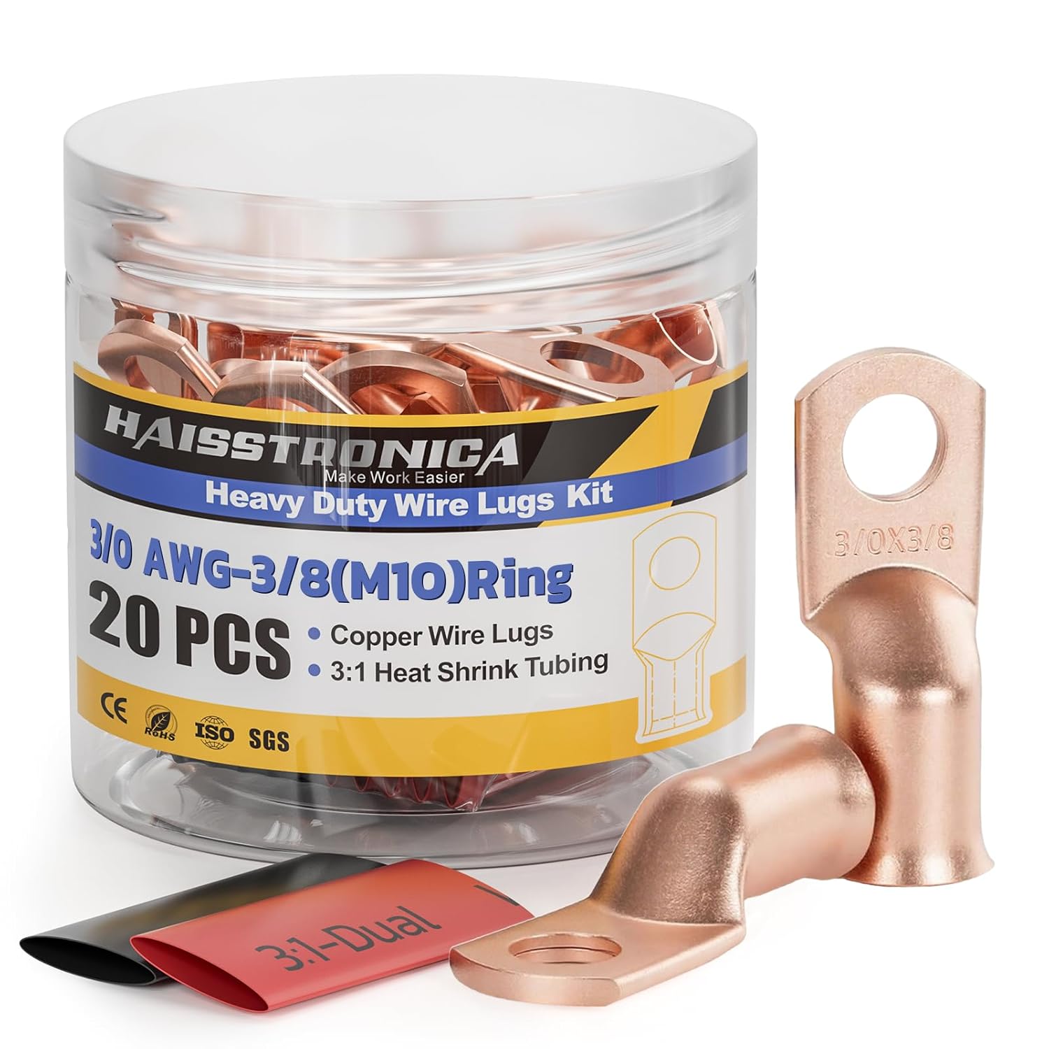 20PCS Bare Battery Cable Copper Wire Lugs with 10pcs 3:1 Adhesive Heat Shrink Tubing