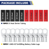 Haisstronica copper cable connectors kit: 10PCS 1AWG-1/2"(M12) lugs with 3:1 tubing for quick battery cable connection.