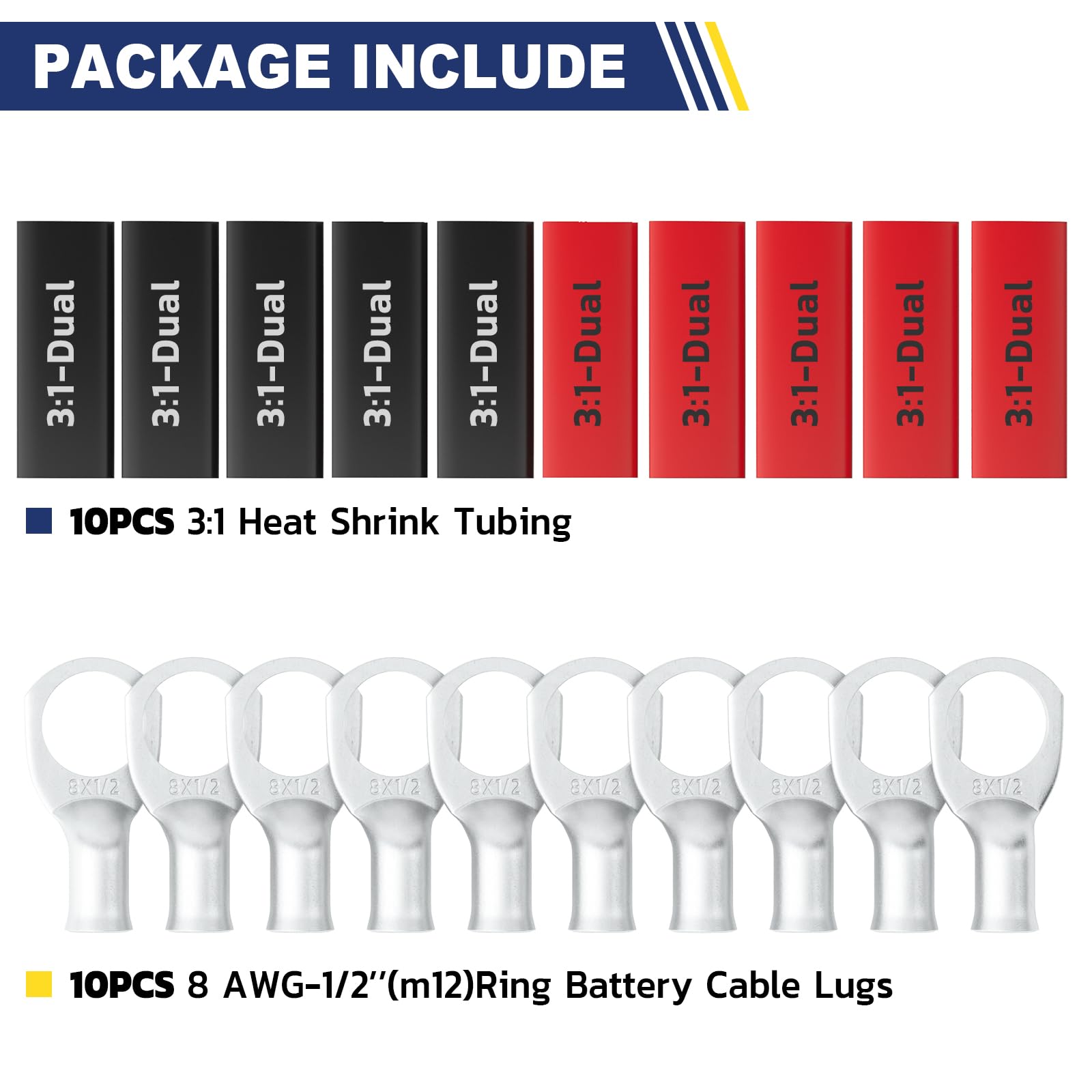 Haisstronica Lot de 10 cosses de batterie en cuivre étamé 8 AWG - 1/2" (M12), cosses robustes en fil de cuivre avec 10 gaines thermorétractables adhésives 3:1, cosses de calibre 8, extrémités de câble de batterie en cuivre étamé