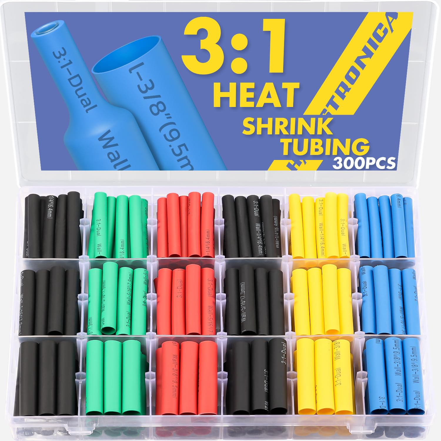 haisstronica 300PCS Heat Shrink Tubing,3:1 Ratio Marine Heat Shrink Tube Kit 6 Colors 3 Sizes Black, Red, Blue, Yellow,Green