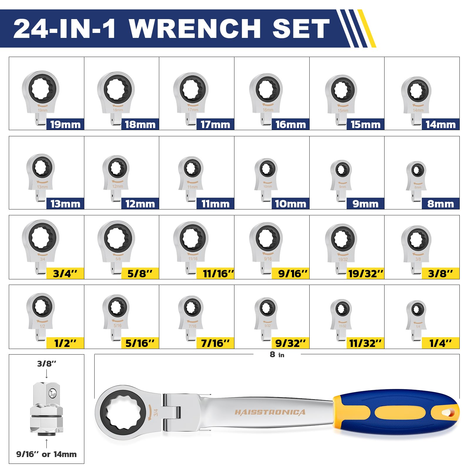 Haisstronica Jeu de clés à cliquet interchangeables 24 en 1 avec adaptateur 3/8 po, clés mixtes métriques et SAE 8-19 mm et 1/4-3/4 po à tête flexible pour outils automobiles et mécaniques pour hommes. Cadeaux