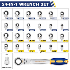 haisstronica 24 in 1 Interchangeable Heads Ratchet Wrench Set with 3/8 in Adapter, Metric & SAE 8-19mm and 1/4-3/4 inch Flex Head Combination Wrench Sets for Auto, Mechanic Tools for Men Gifts