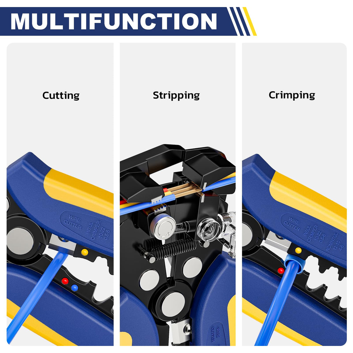 Multifunctional Haisstronica tool for stripping, cutting, and crimping outer wires.