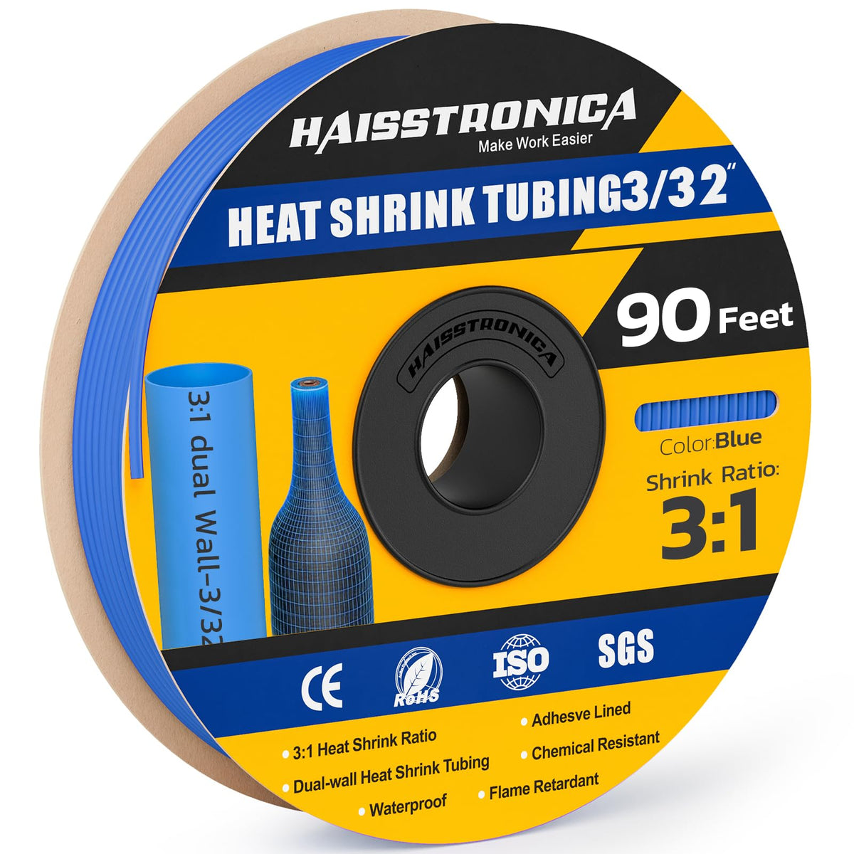 haisstronica 3:1 Heat Shrink Tubing, Shrink Ratio Adhesive Lined Marine Grade Heat Shrink Tube for Home, Automotive and Industrial (Blue) 90FT 3/32inch