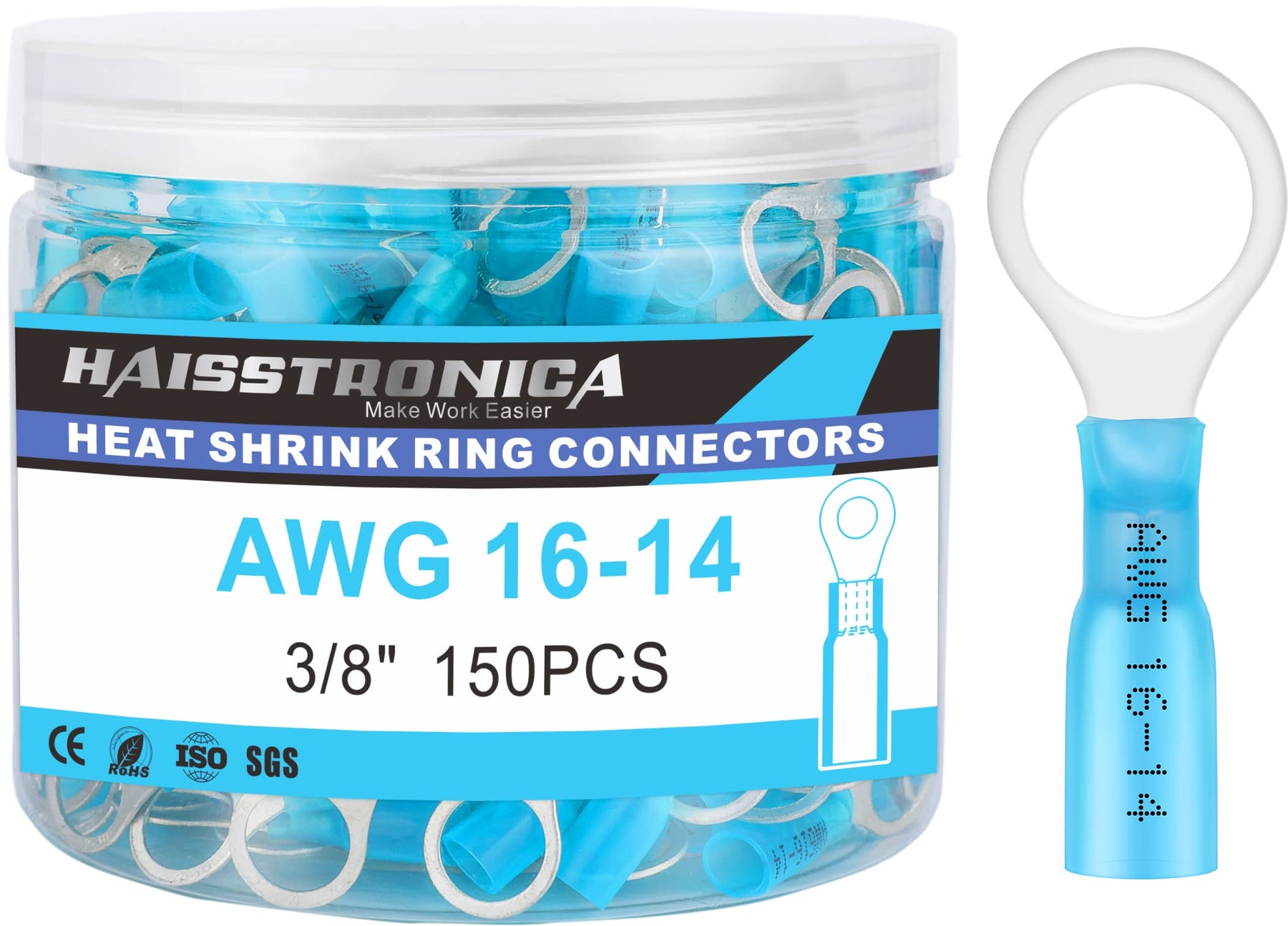 haisstronica 150PCS Heat Shrink Ring Terminals 3/8" Marine Grade Wire Connectors Blue AWG 16-14 Gauge, Tinned Red Copper 0.7mm Resistant Ring Connectors, Brazed-Seam Insulated Electrical Crimp