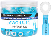 haisstronica 200PCS Heat Shrink Ring Terminals 1/4" Marine Grade Wire Connectors Blue AWG 16-14 Gauge, Tinned Red Copper 0.7mm Resistant Ring Connectors, Brazed-Seam Insulated Electrical Crimp