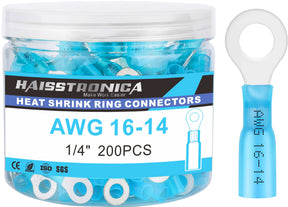 haisstronica 200PCS Heat Shrink Ring Terminals 1/4" Marine Grade Wire Connectors Blue AWG 16-14 Gauge, Tinned Red Copper 0.7mm Resistant Ring Connectors, Brazed-Seam Insulated Electrical Crimp