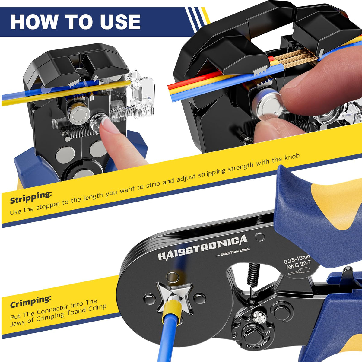 haisstronica Ferrule Crimping Tool Kit, AWG 24-10 Automatic Wire Stripper with AWG 23-7 Wire Crimper For Ferrule Connectors