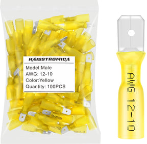 haisstronica 100pcs Yellow Heat Shrink Male Spade Connectors,12-10 Gauge Insulated Electrical Crimp Wire Terminals