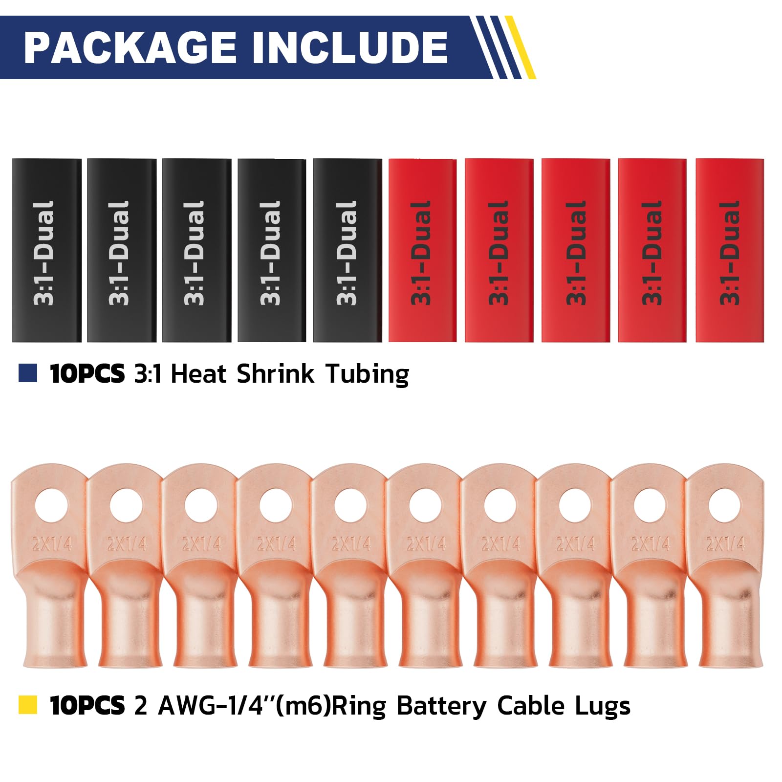 haisstronica 10pcs 2 AWG - 1/4" (M6) Battery Cable Lugs, Heavy Duty Copper Wire Lugs with 10pcs 3:1 Adhesive Heat Shrink Tubing, 2 Gauge Wire Connectors Battery Terminal Connectors, Battery Cable Ends