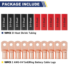 Haisstronica Lot de 10 cosses de batterie 2 AWG (1/4" M6), cosses en fil de cuivre robustes avec 10 gaines thermorétractables adhésives 3:1, connecteurs de fils de calibre 2, connecteurs de bornes de batterie, embouts de câbles de batterie