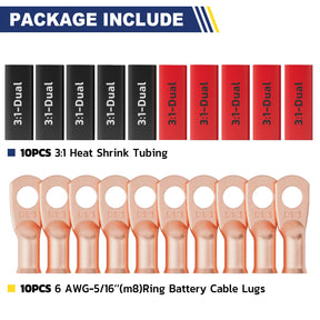 haisstronica 10pcs 6 AWG - 5/16" (M8) Battery Cable Lugs, Heavy Duty Copper Wire Lugs with 10pcs 3:1 Adhesive Heat Shrink Tubing, 6 Gauge Wire Connectors Battery Terminal Connector, Battery Cable Ends