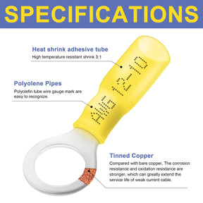 haisstronica 50pcs 1/4" Yellow Marine Grade Heat Shrink Ring Connectors,12-10 Gauge Tinned Red Copper 1mm Ring Terminals Connectors,Brazed-Seam Insulated Electrical Crimp Wire Terminals