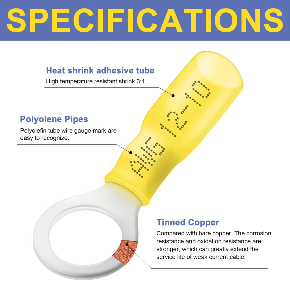 Haisstronica heat shrink crimp terminals with tinned copper and 3:1 shrink ratio for corrosion-resistant electrical connections.